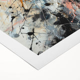 Abstract splatter design on rolled canvas artwork showcasing vibrant colors and dynamic patterns, perfect for modern home decor.