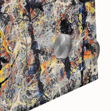 Vibrant abstract splatter wall art featuring dynamic colors and fluid shapes, printed on acrylic glass, perfect for modern decor.