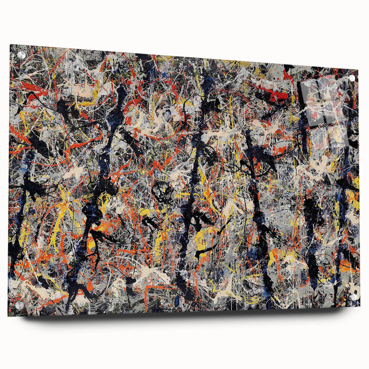 Abstract splatter wall art design displayed in acrylic glass, showcasing vibrant colors and artistic textures, ideal for modern decor.
