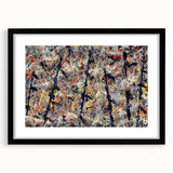 Framed abstract wall art with vibrant splatter designs in various colors, set in a sleek black frame, enhancing modern decor aesthetics.