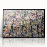 Framed abstract wall art featuring colorful splatters on a black background, enhancing modern decor with a vibrant artistic touch.