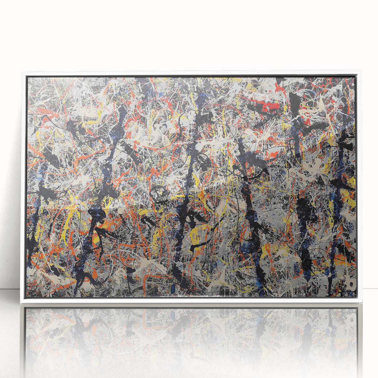 Framed wall art featuring an abstract splatter design in vibrant colors, showcasing dynamic patterns on a white background for modern decor.