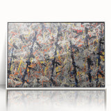 Framed wall art featuring an abstract splatter design in vibrant colors, showcasing dynamic patterns on a white background for modern decor.