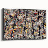 Framed abstract wall art featuring vibrant splatter designs in rich colors, set against a black background, showcasing a modern artistic style.