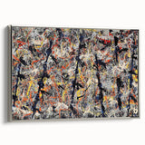 Framed abstract splatter art with vibrant colors and silver accents, showcasing a modern design ideal for contemporary decor.