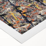 Vibrant abstract splatter design on rolled canvas, showcasing vivid colors and dynamic shapes, ideal for modern home decor or art collection.