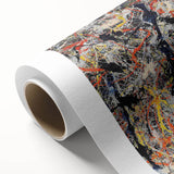 Abstract splatter design wall art on rolled canvas showcasing vibrant colors and dynamic shapes, perfect for modern home decor.