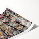 Abstract wall art print showcasing vibrant splatter designs in bold colors, perfect for modern decor, rolled for easy framing and display.