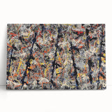 Colorful abstract splatter design on stretched canvas, showcasing vibrant hues of blue, yellow, and pink, ideal for modern home decor.