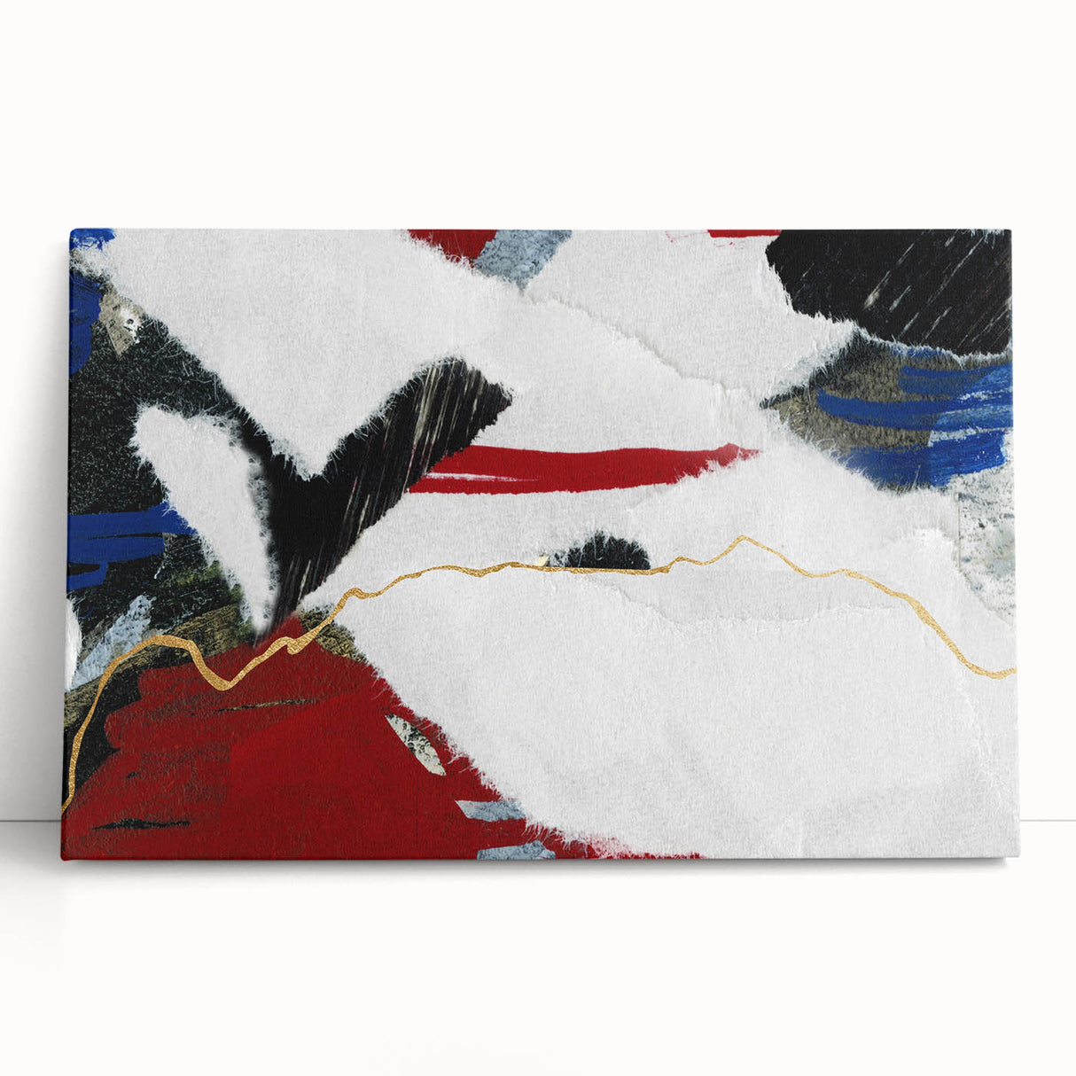 Abstract wall art featuring vibrant strokes and lines in shades of blue, pink, and yellow on a stretched canvas, perfect for modern decor.