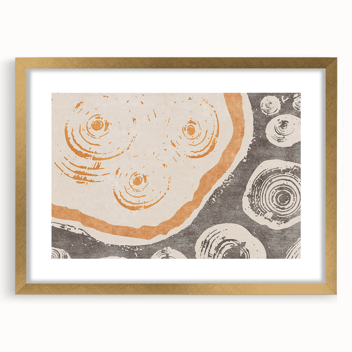 Abstract wall art print featuring strokes and lines in a modern design, framed with a gold mat, perfect for contemporary home decor.