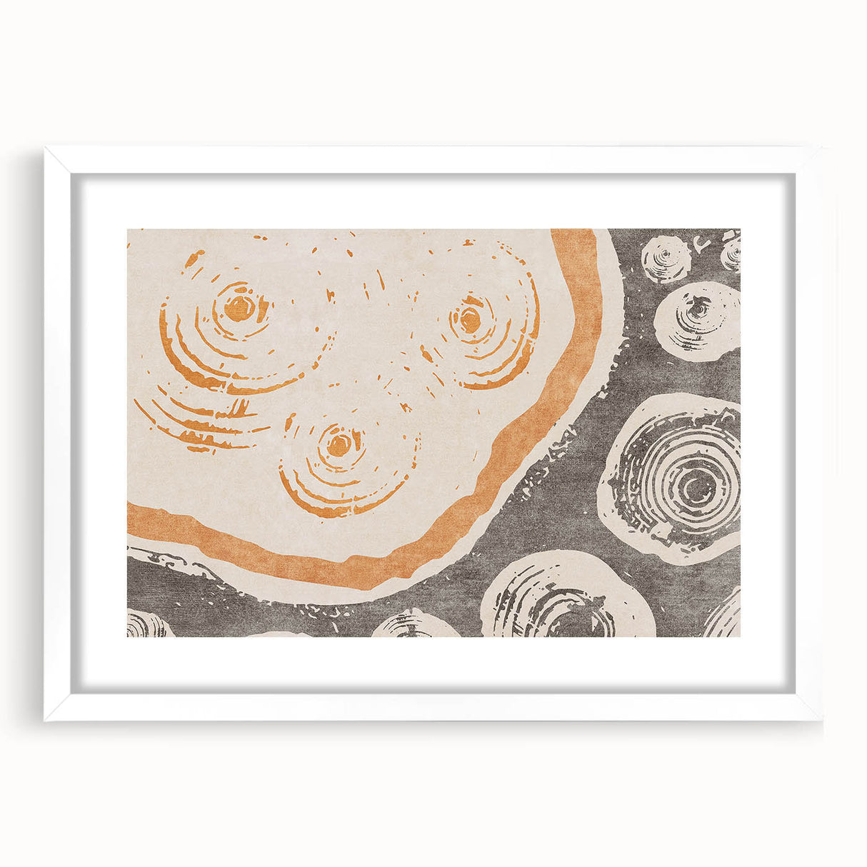 Abstract wall art print showcasing a modern design with colorful strokes and lines, framed in white with a mat for an elegant display.