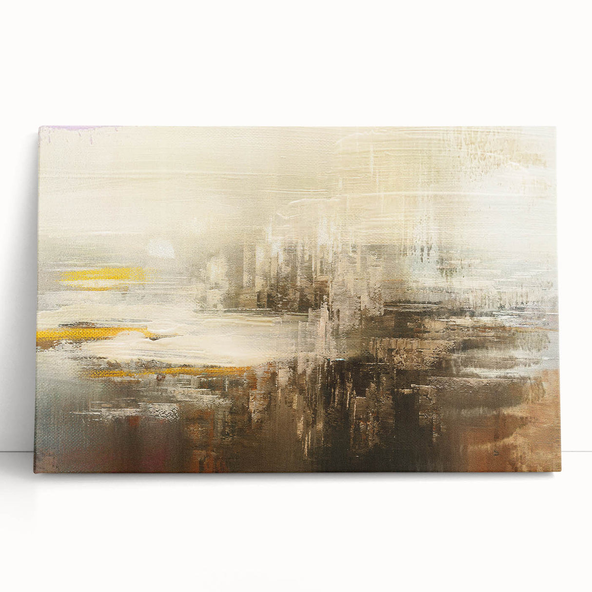 Abstract wall art print showcasing vibrant strokes and lines in various shades of blue, orange, and yellow, ideal for modern home decor.