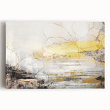 Abstract wall art design showcasing vibrant strokes and lines in shades of blue, orange, and yellow, printed on stretched canvas, ideal for modern decor.