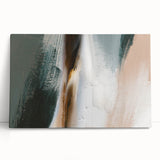 Abstract wall art featuring colorful strokes and lines on stretched canvas, showcasing vibrant hues of blue, orange, and yellow, perfect for modern decor.