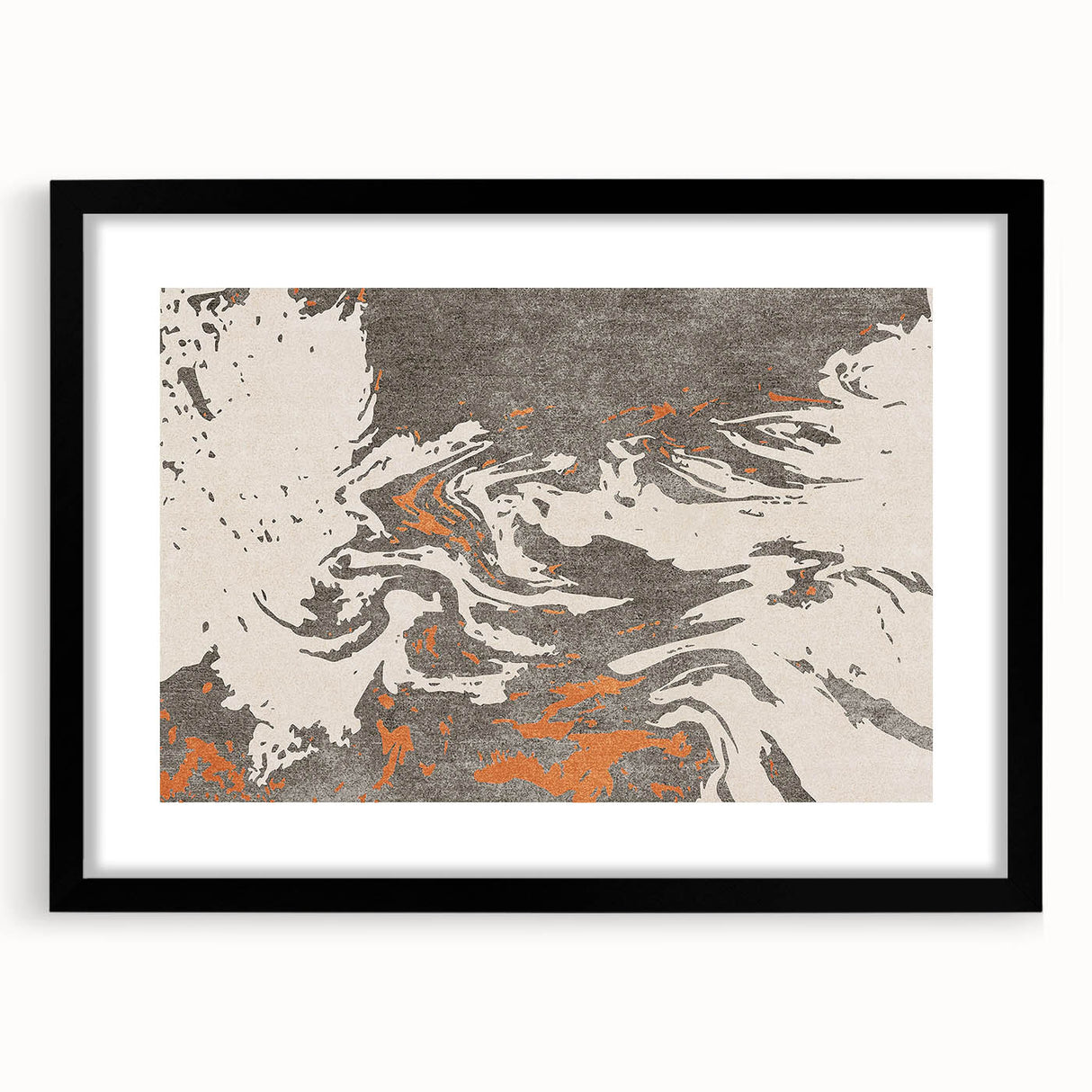 Abstract wall art showcasing a modern design of colorful strokes and lines, elegantly framed in black, perfect for contemporary decor.