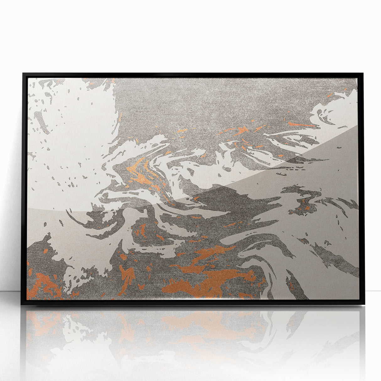 Framed abstract wall art print showcasing vibrant strokes and lines in shades of black, white, and gold, ideal for modern home decor.