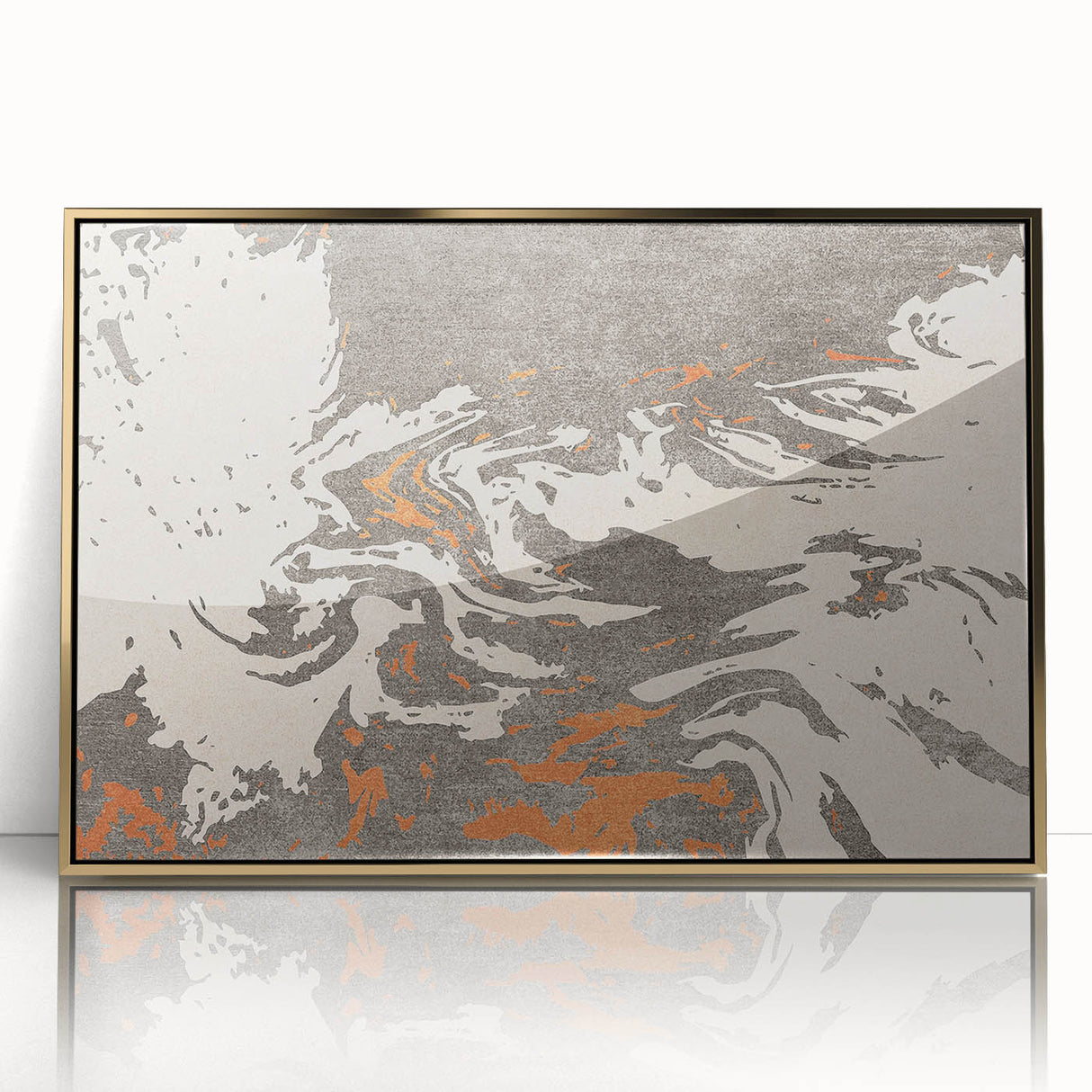 Framed abstract wall art showcasing dynamic gold strokes and lines on a textured background, perfect for modern home decor.