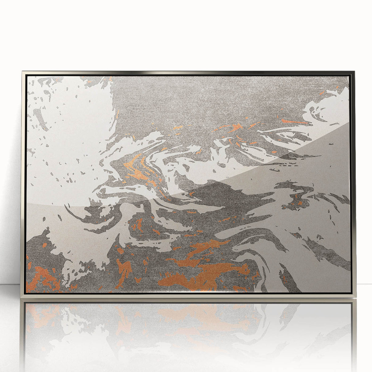 Framed abstract wall art showcasing vibrant strokes and lines in silver and black hues, adding a modern touch to any interior decor.