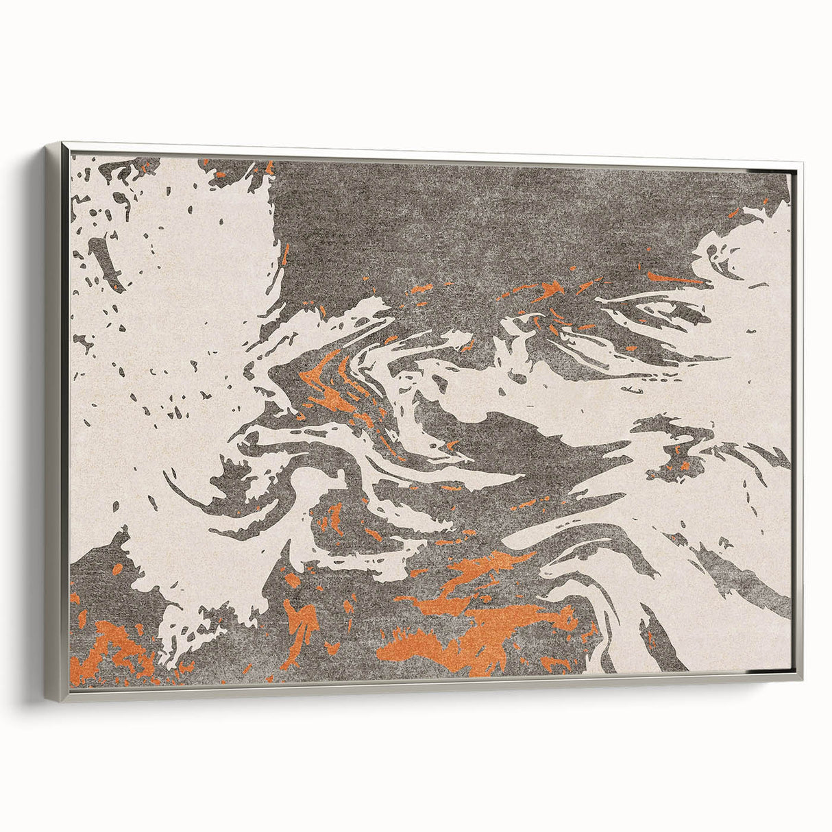 Framed abstract wall art featuring dynamic strokes and lines in silver hues, showcasing modern design elements for contemporary decor.