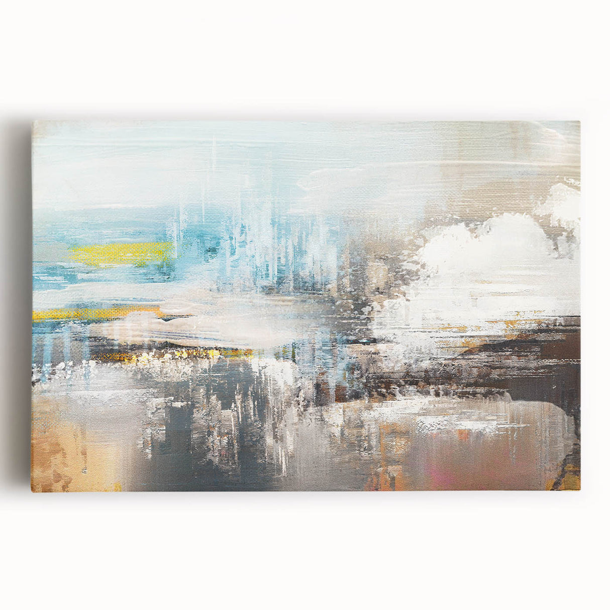 Abstract wall art featuring vibrant strokes and lines in shades of blue, orange, and yellow, designed for modern home decor. This stretched canvas piece adds a contemporary touch to any living space, perfect for accent walls or artistic displays.