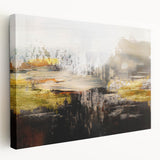 Abstract wall art design featuring vibrant strokes and lines in bold colors, showcased on a stretched canvas with a side view, ideal for modern decor.