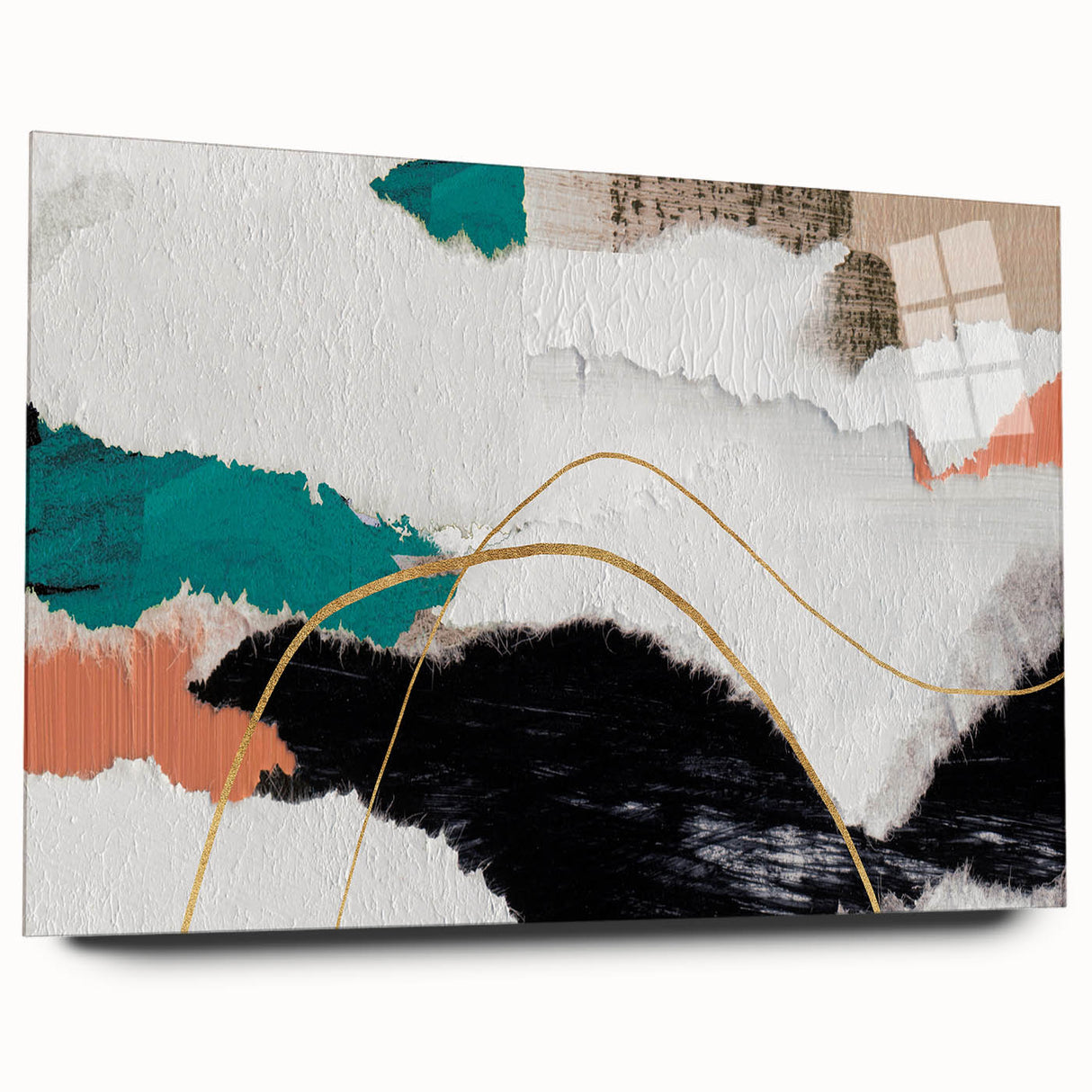 Acrylic glass wall art showcasing an abstract design of colorful strokes and lines, elegantly displayed from a side view, perfect for modern decor.