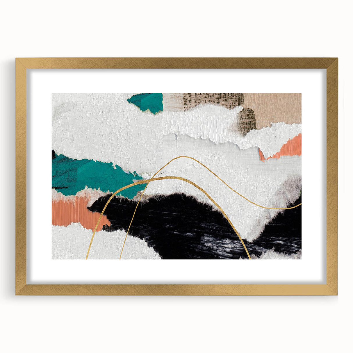 Framed abstract wall art showcasing colorful strokes and lines in gold, providing a modern touch to any decor, perfect for stylish interiors.