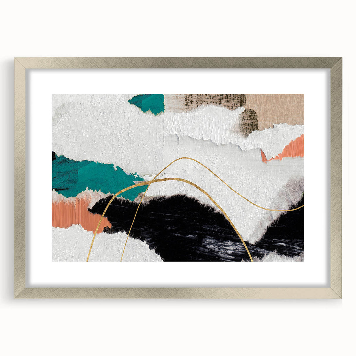 Framed abstract wall art featuring colorful strokes and lines in a modern silver frame, ideal for contemporary home decor.