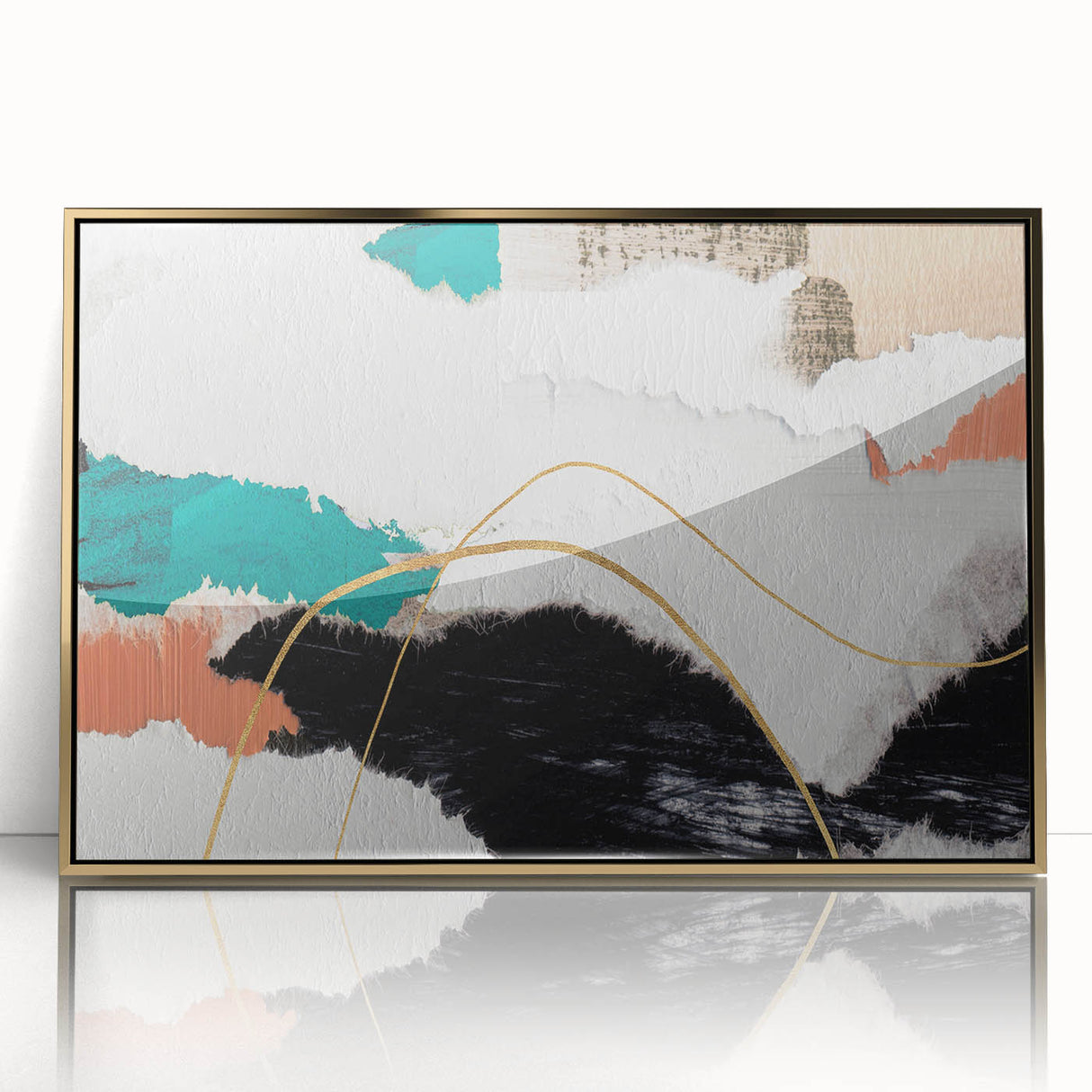 Framed wall art featuring abstract strokes and lines in gold and black, designed to enhance modern decor with elegant sophistication.