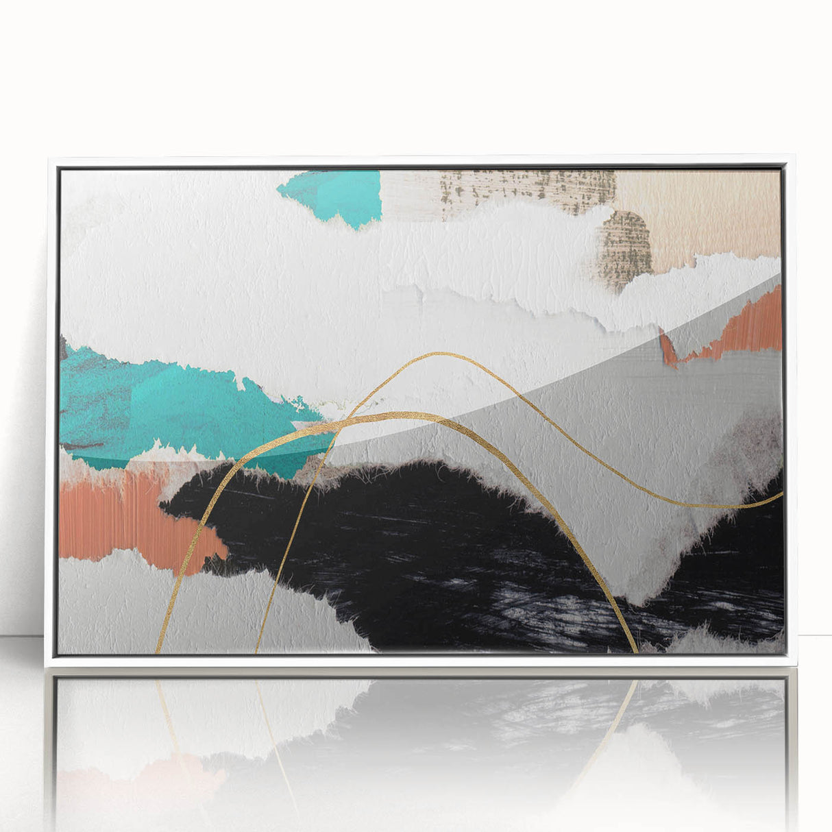 Abstract wall art print showcasing vibrant strokes and lines in a contemporary design, framed in white acrylic for modern decor enhancement.