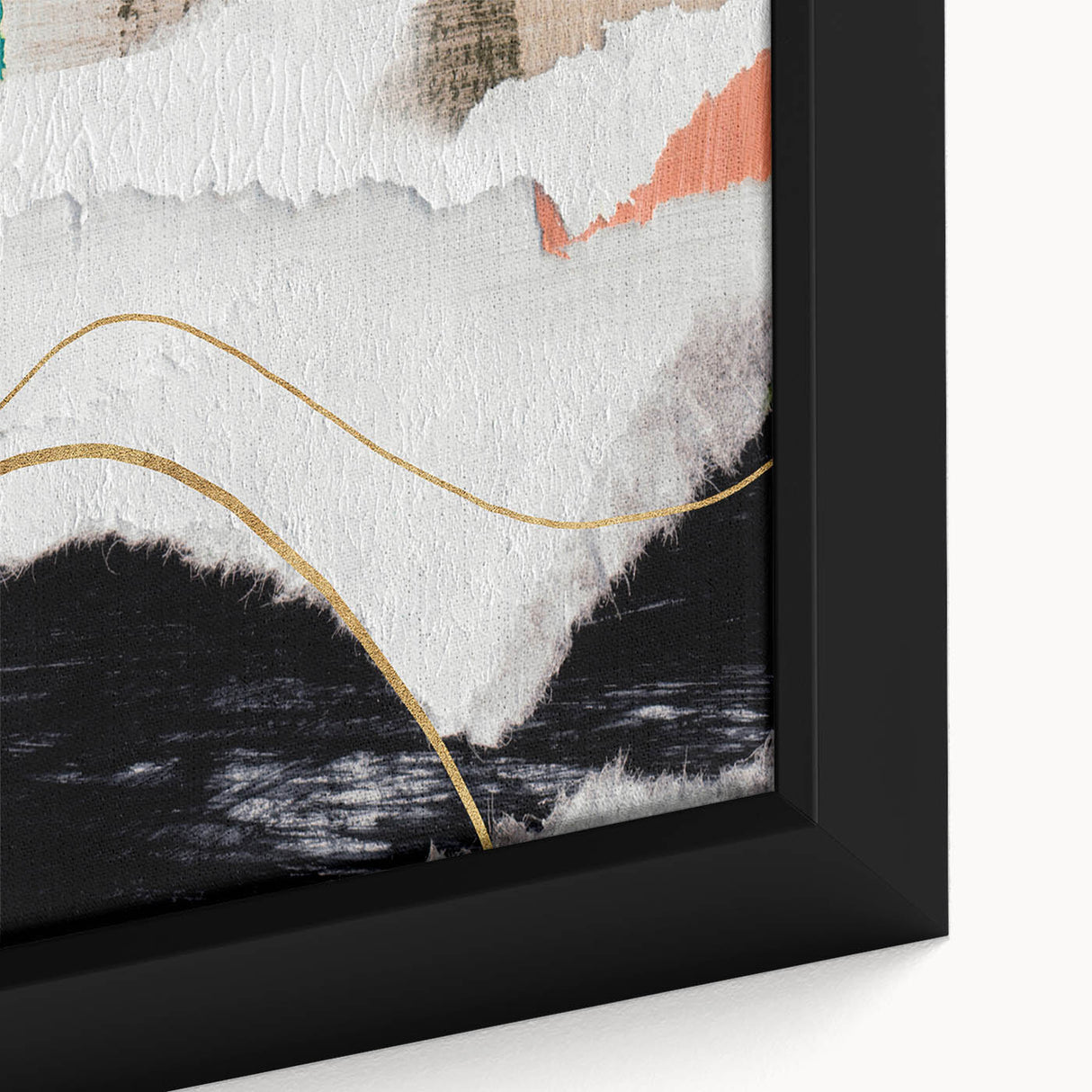 Close-up of a framed abstract wall art canvas showcasing colorful strokes and lines, emphasizing vibrant hues and artistic texture.