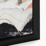 Close-up of a framed abstract wall art canvas showcasing colorful strokes and lines, emphasizing vibrant hues and artistic texture.