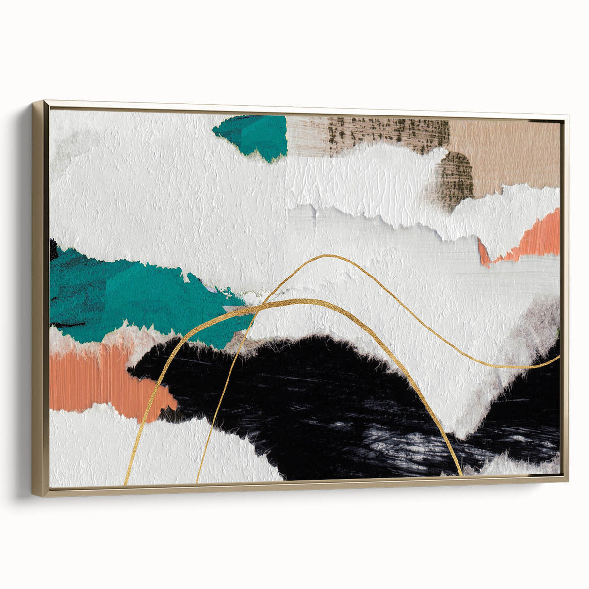 Framed wall art featuring abstract strokes and lines in gold tones, showcasing a modern design ideal for stylish home decor.