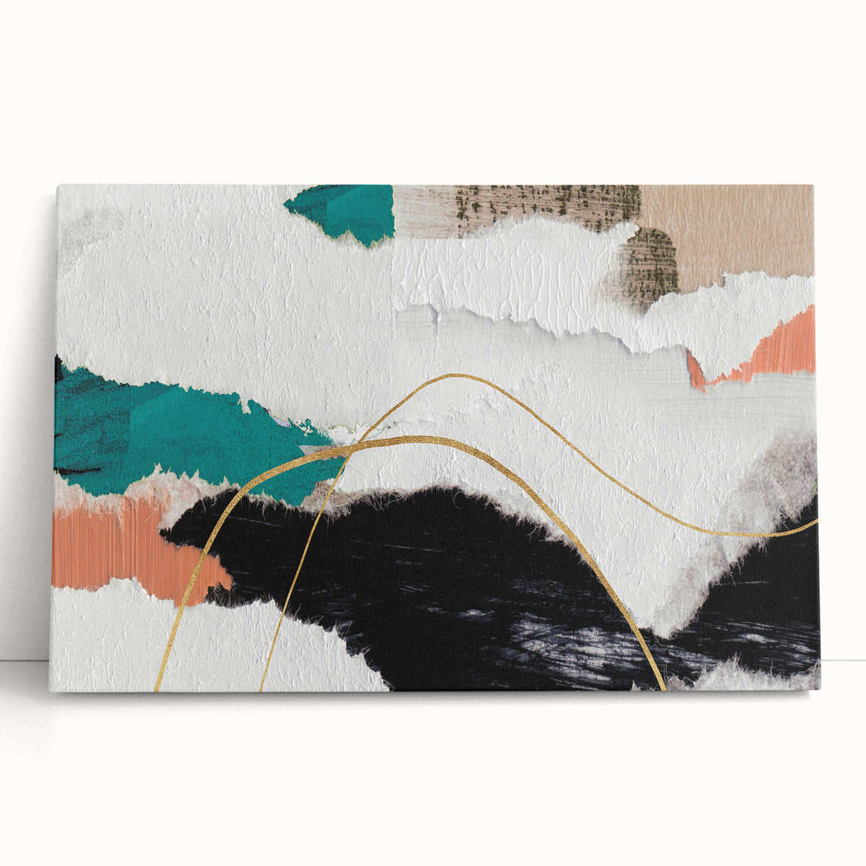 Abstract wall art canvas showcasing vibrant strokes and lines in a blend of teal, gold, and pink, perfect for modern home decor.