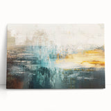 Abstract wall art featuring colorful strokes and lines on stretched canvas, leaning against a neutral wall, enhancing modern decor aesthetics.