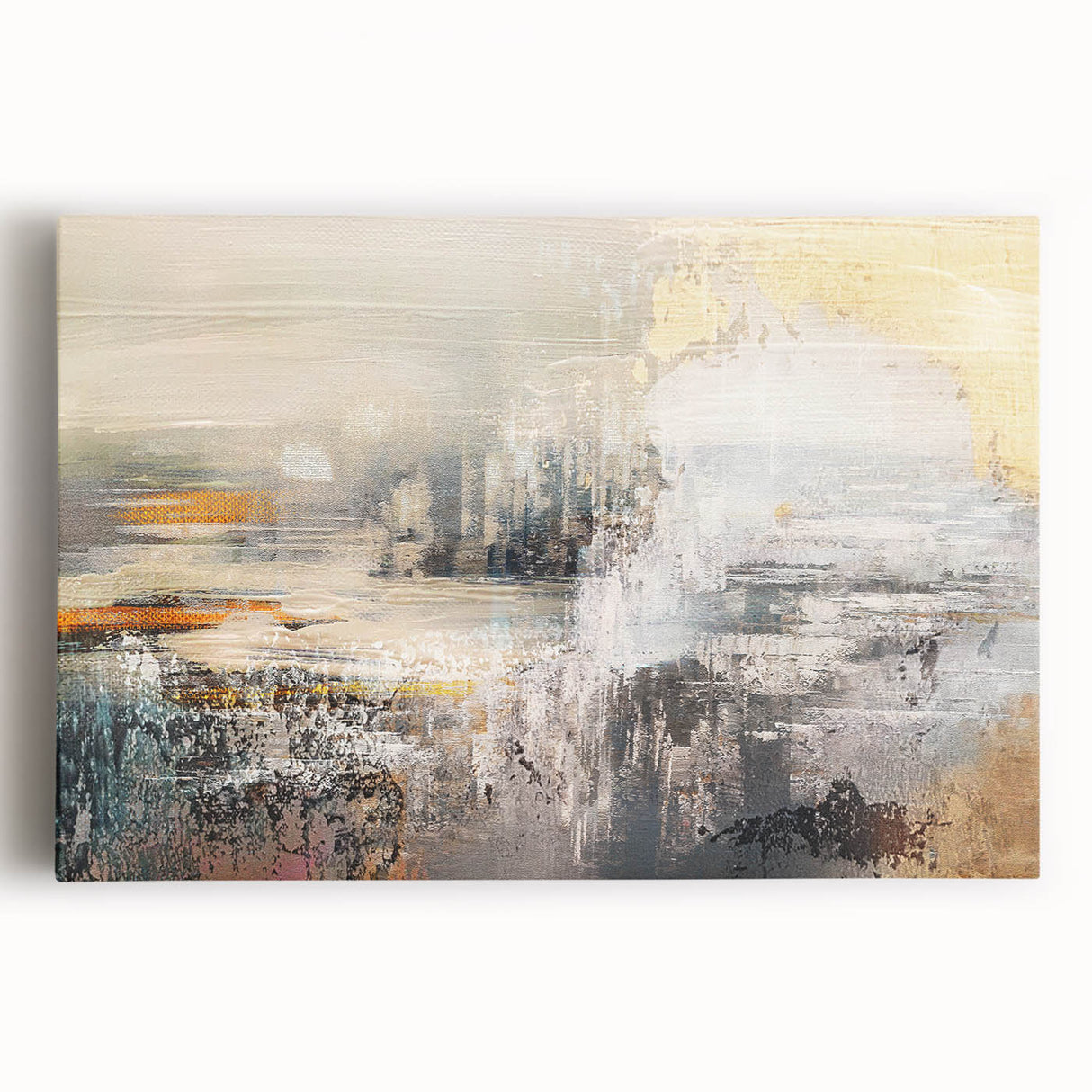 Abstract wall art canvas featuring vibrant strokes and lines in blue, orange, and yellow hues, designed for modern decor enhancement.