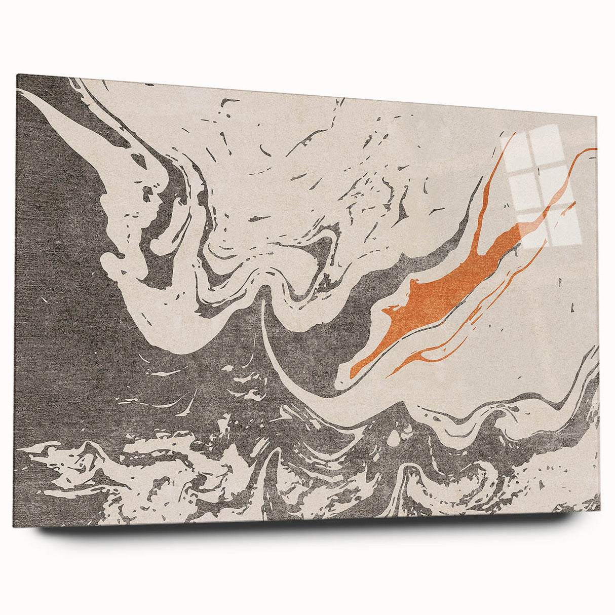 Abstract wall art featuring vibrant strokes and lines in shades of blue, orange, and green, displayed in an acrylic glass frame, showcasing contemporary design.