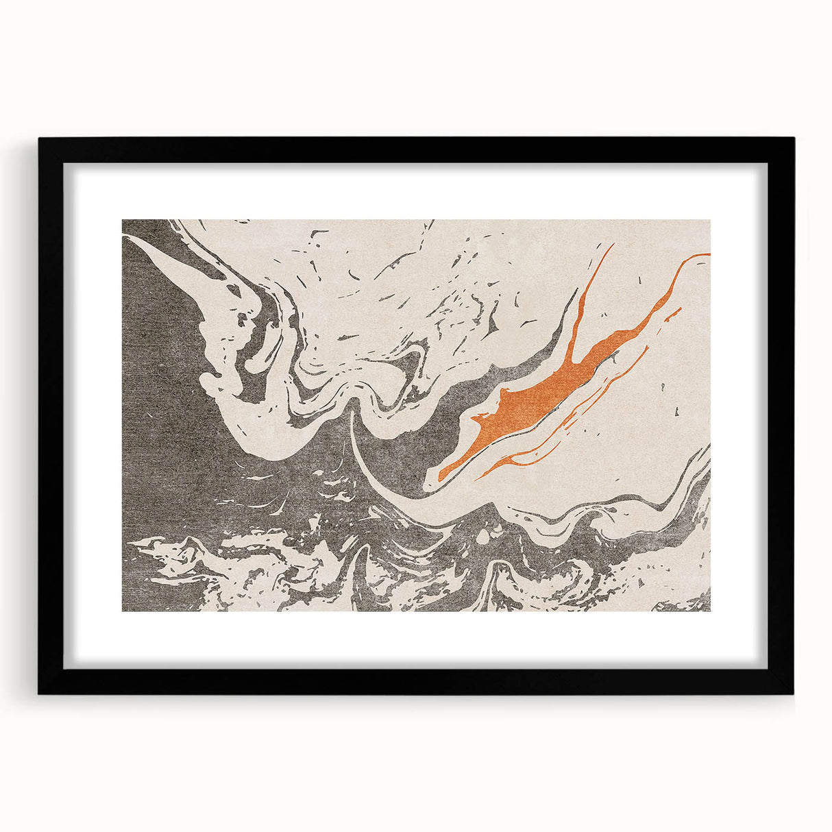 Abstract wall art print showcasing dynamic strokes and lines in muted colors, framed with a black mat, perfect for modern home decor.