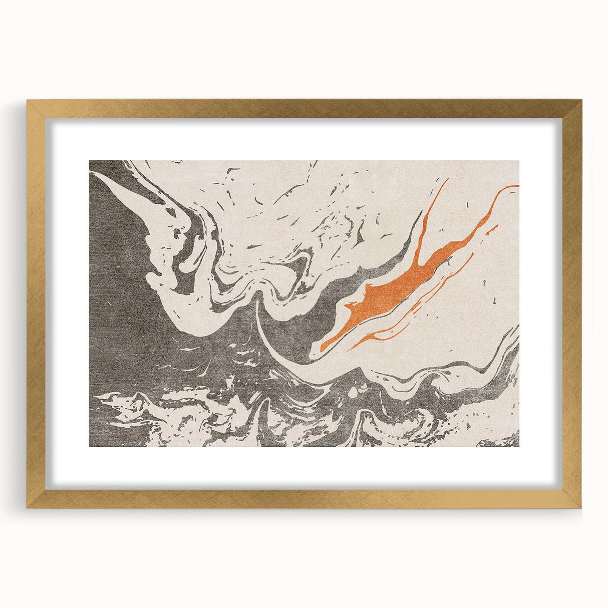 Framed abstract wall art featuring gold strokes and lines on a white background, designed to enhance modern interiors with elegance.