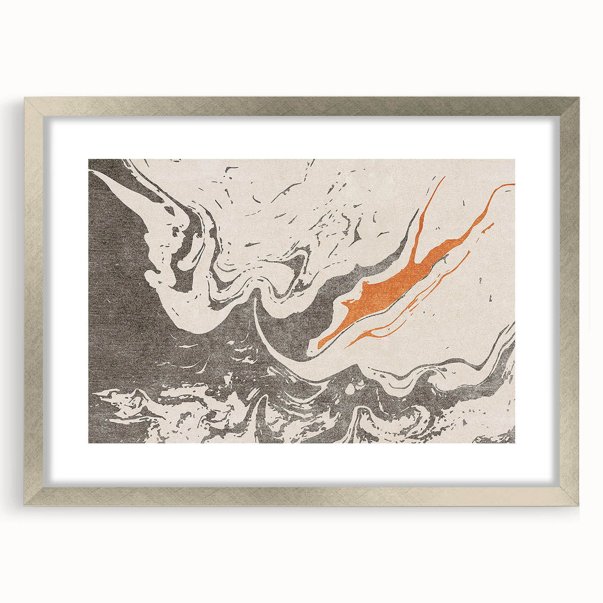Abstract wall art print showcasing dynamic strokes and lines in a silver frame with matting, perfect for modern home decor.