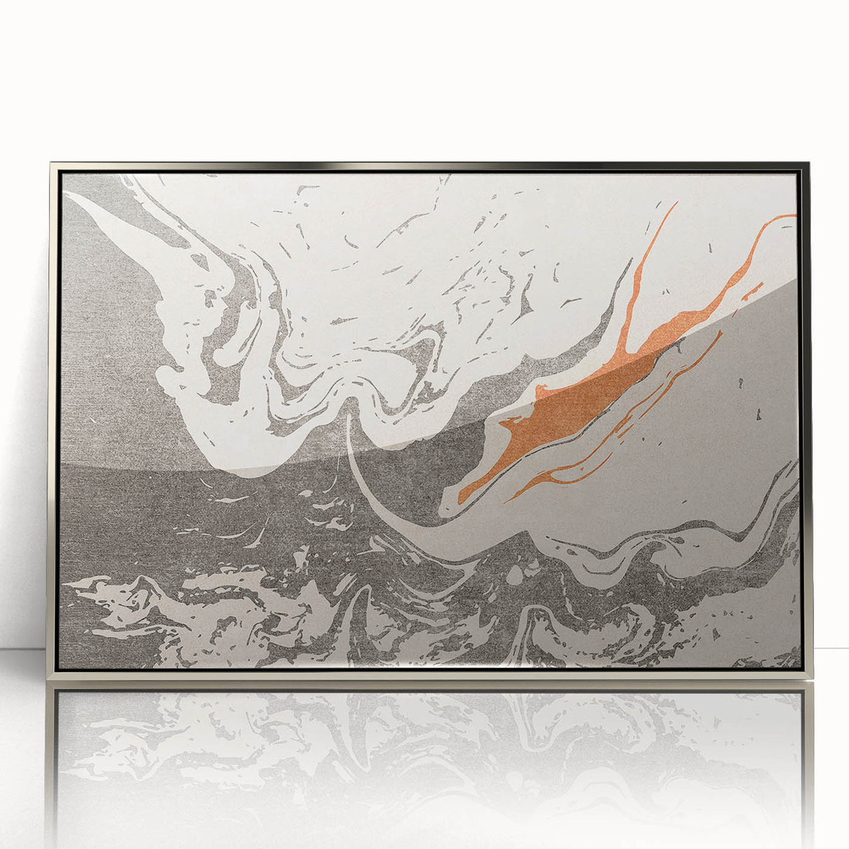 Framed abstract wall art featuring dynamic strokes and lines in silver and blue hues, adding a modern touch to any decor.
