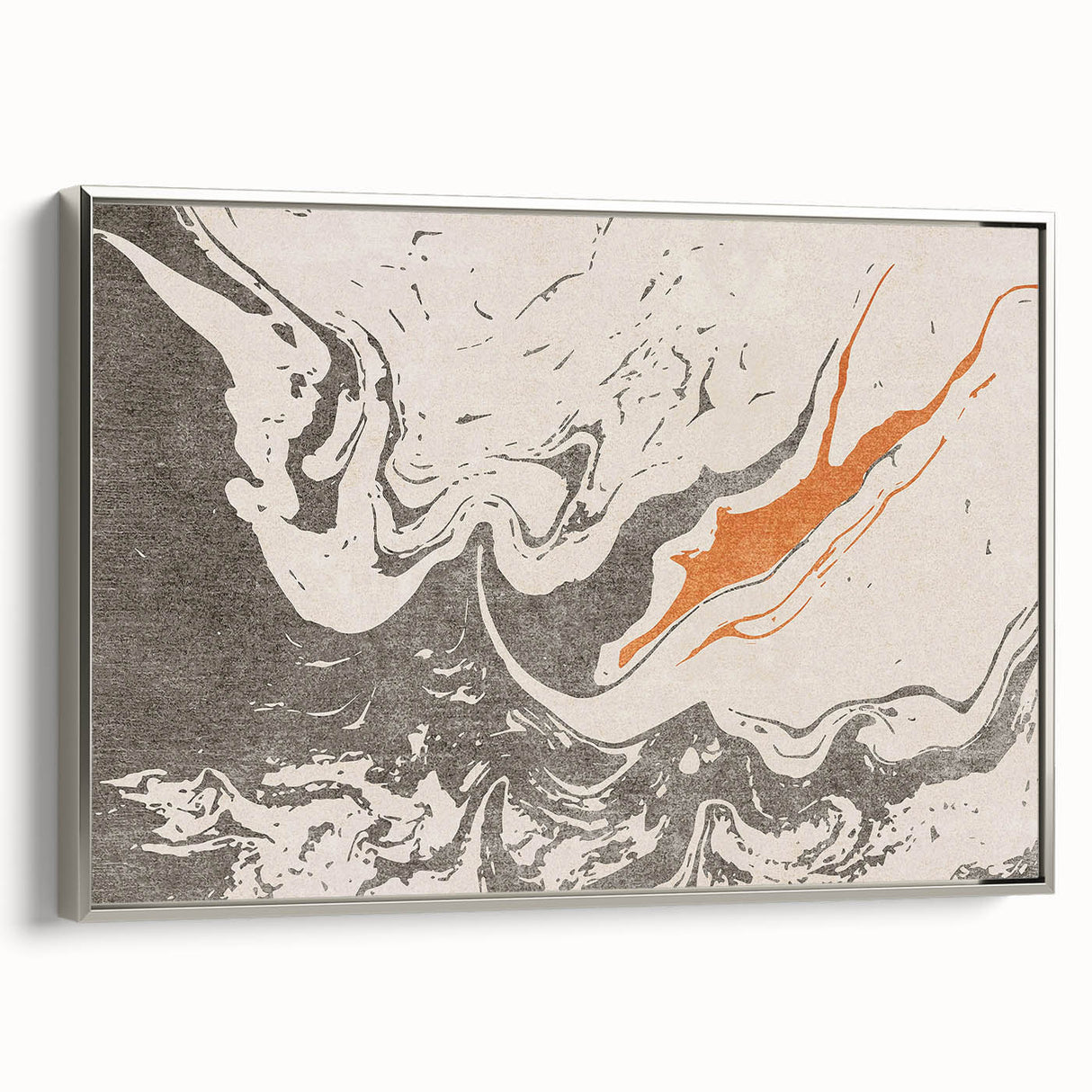 Framed wall art showcasing an abstract design with silver strokes and lines, elegantly displayed in a sleek frame, perfect for modern decor.