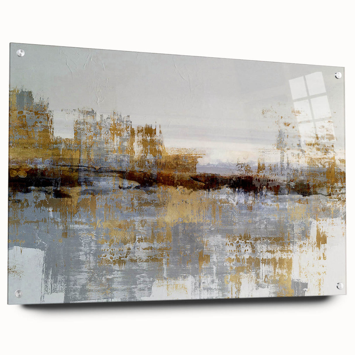 Abstract wall art collection featuring colorful strokes and lines on acrylic glass, displayed with pins to showcase a modern aesthetic.