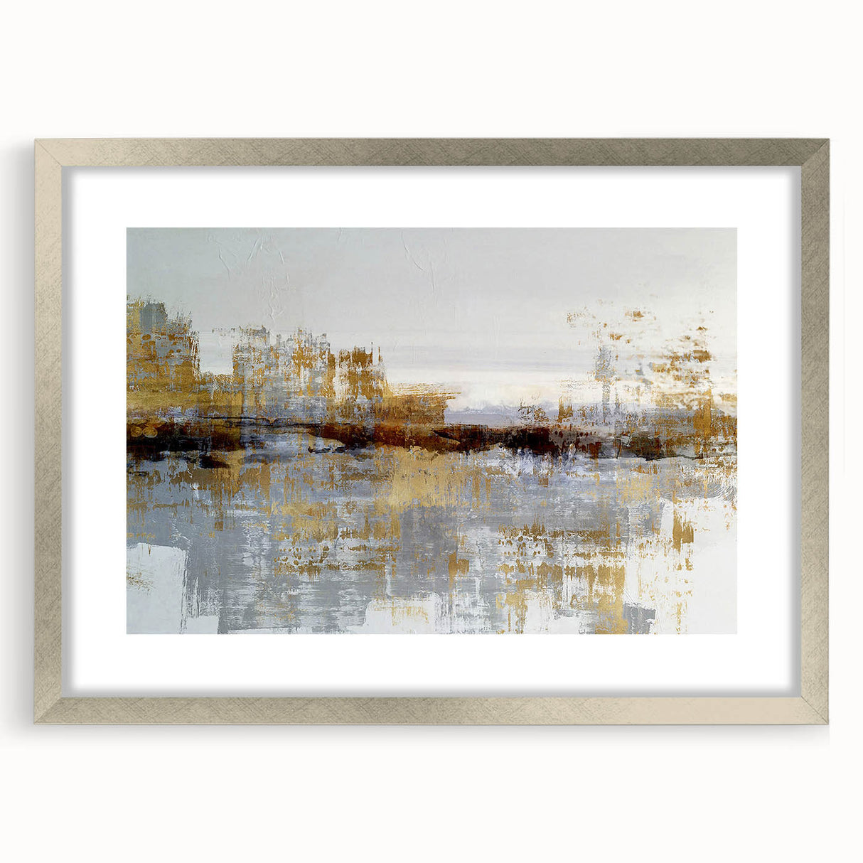 Abstract wall art design showcasing vibrant strokes and lines in various colors, framed with a sleek silver mat for modern decor enhancement.