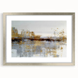 Abstract wall art design showcasing vibrant strokes and lines in various colors, framed with a sleek silver mat for modern decor enhancement.