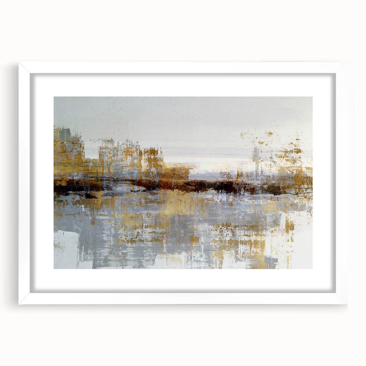 Abstract wall art featuring vibrant strokes and lines in shades of blue, green, and orange, displayed in a sleek white frame with matting.