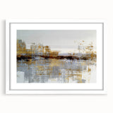 Abstract wall art featuring vibrant strokes and lines in shades of blue, green, and orange, displayed in a sleek white frame with matting.