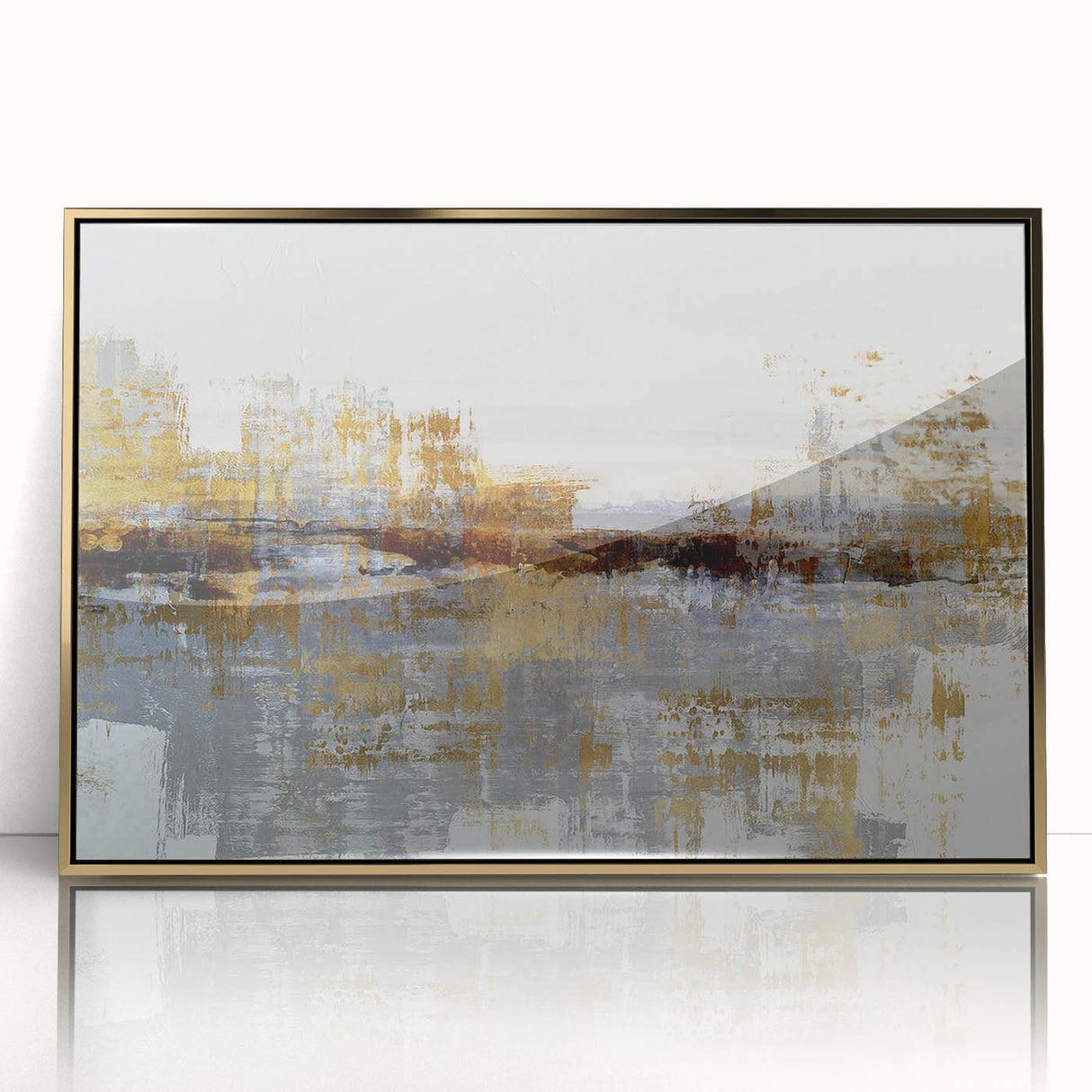Framed abstract wall art featuring flowing gold and white strokes on acrylic, perfect for modern decor and enhancing any room's ambiance.