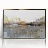 Framed abstract wall art featuring flowing gold and white strokes on acrylic, perfect for modern decor and enhancing any room's ambiance.
